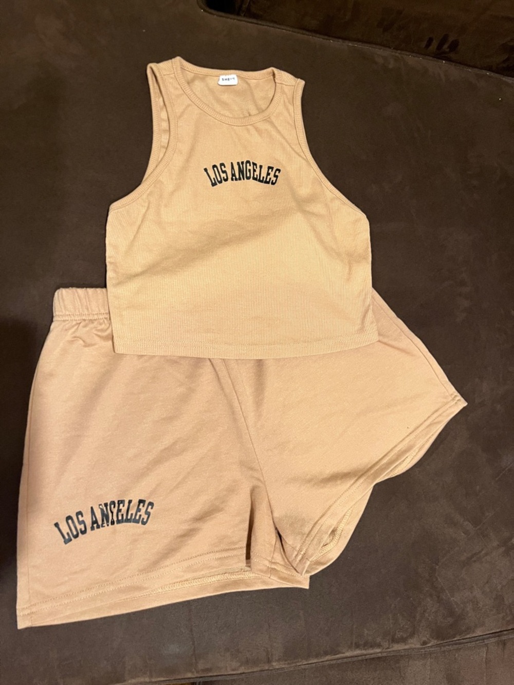 SHEIN Tan "Los Angeles" Kids Tank & Shorts Matching Set